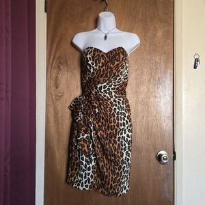 100% silk leopard print strapless dress